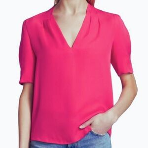 Joie Women's Ance 100% Silk Puffer Sleeve V-Neck Pink Relaxed Fit Luxury Blouse